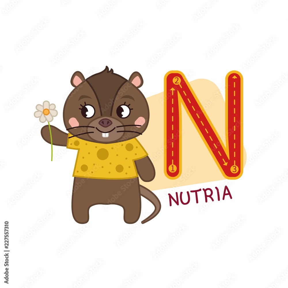 Vector cute kids animal alphabet. Letter N. Cute cartoon nutria. Stock  Vector | Adobe Stock