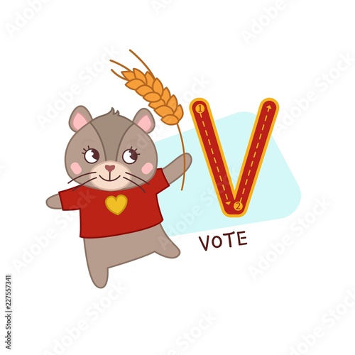 Vector cute kids animal alphabet. Letter V. Cute cartoon vole.