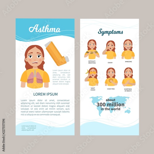 Asthma infographics. Flyer with a description of the disease. Illustration of a cute girl. Symptoms of the disease. Statistics. Health care concept vector illustration.