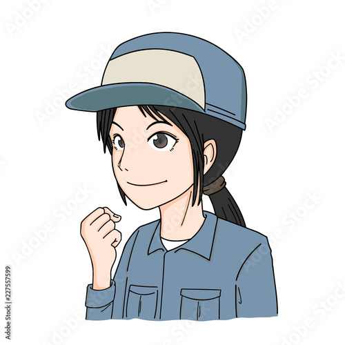 	ガッツポーズ　女性　作業着姿　単体