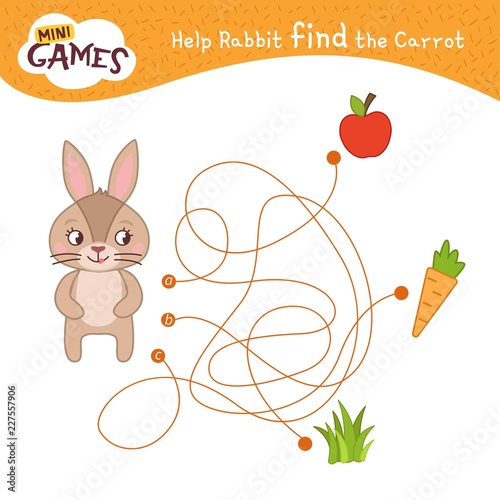 Maze game for children. Vector illustration of cute rabbit.  Help rabbit find the carrot.