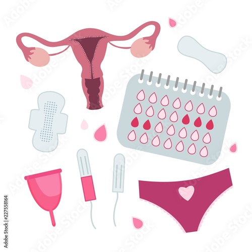 Vector set of female hygiene products. Menstrual cycle. Woman critical days. Set of women's means personal hygiene vector illustration,