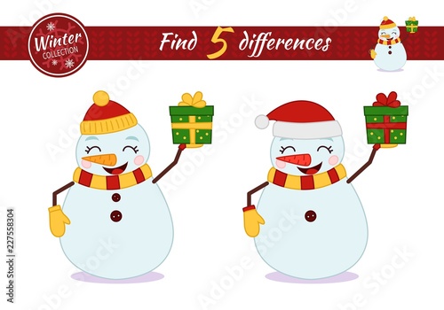 Find differences.  Educational game for children. Cartoon vector illustration. Christmas collection. Сartoon snowman holding a gift.