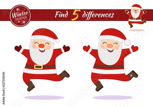 Find differences.  Educational game for children. Cartoon vector illustration. Christmas collection. Cartoon Santa Claus jumps up
