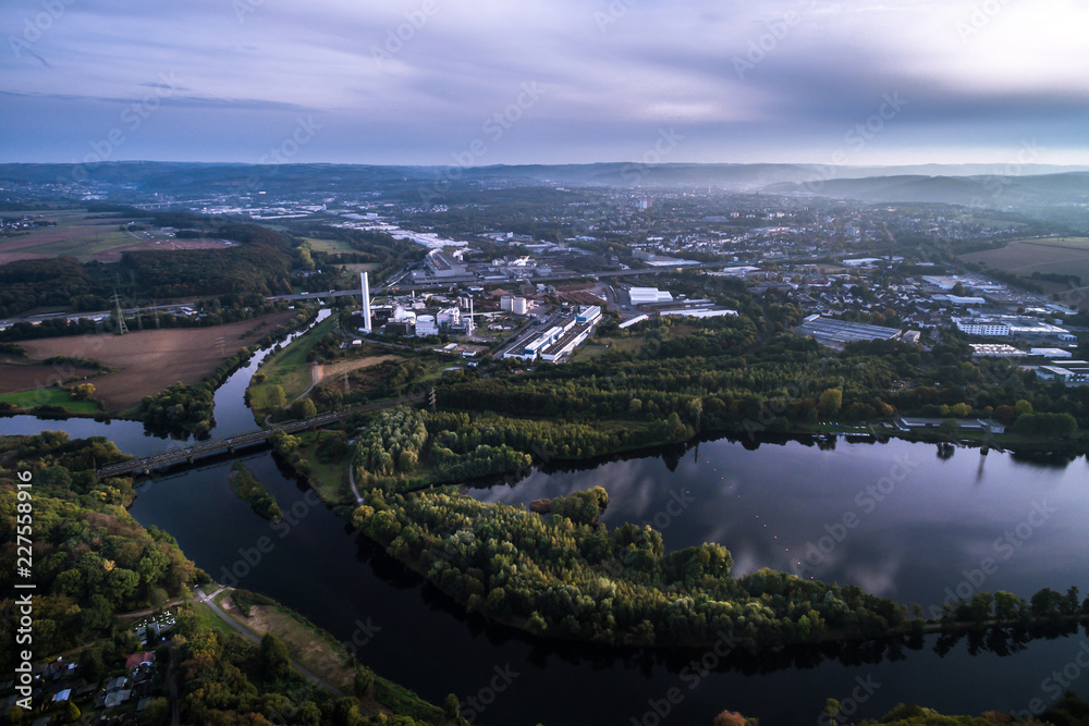 Hohensyburg Hengsteysee Dortmund bei Sonnenuntergang, Luftaufnahme