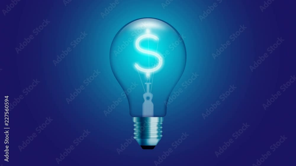 Alphabet Incandescent light bulb blink switch on set Currency USD (United States Dollars) symbol concept glow in blue gradient background seamless looping animation 4K, with copy space