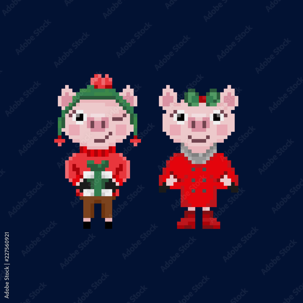 Two pixel christmas pigs in warm clothes