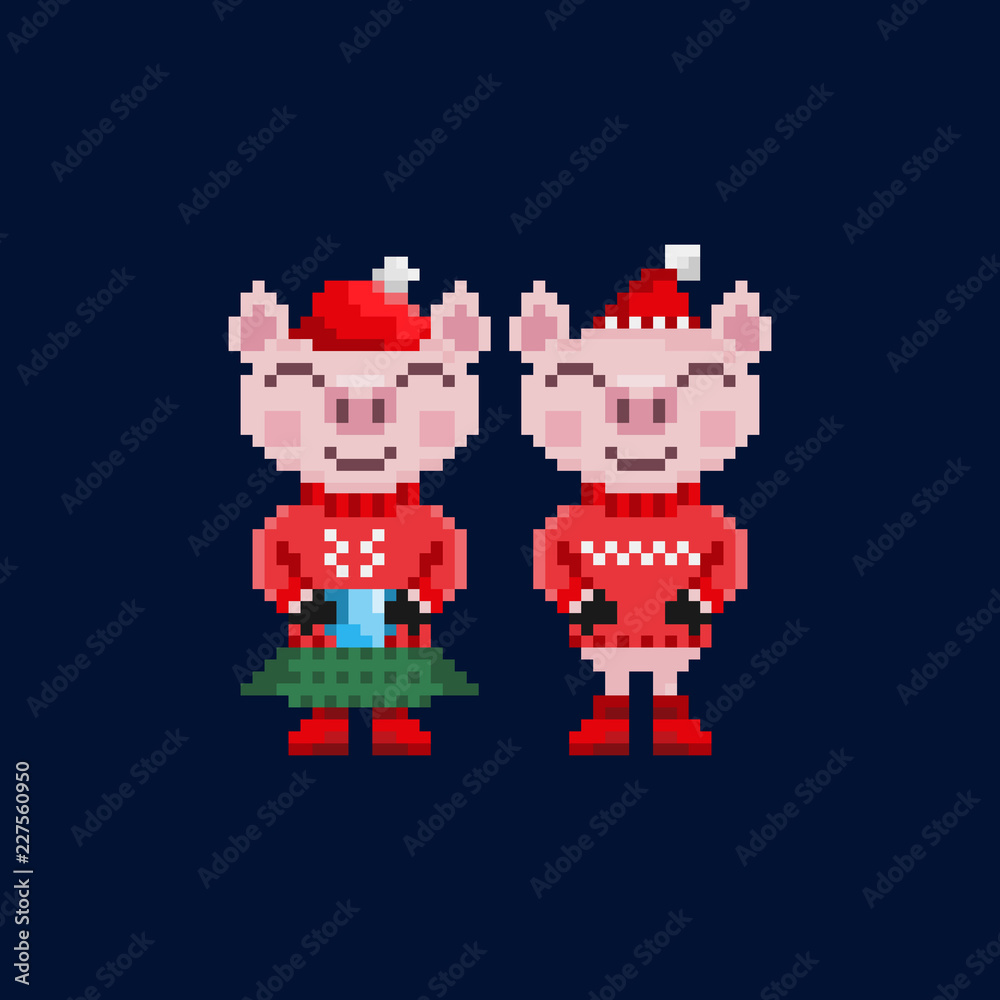 Obraz premium Two pixel christmas pigs in warm clothes