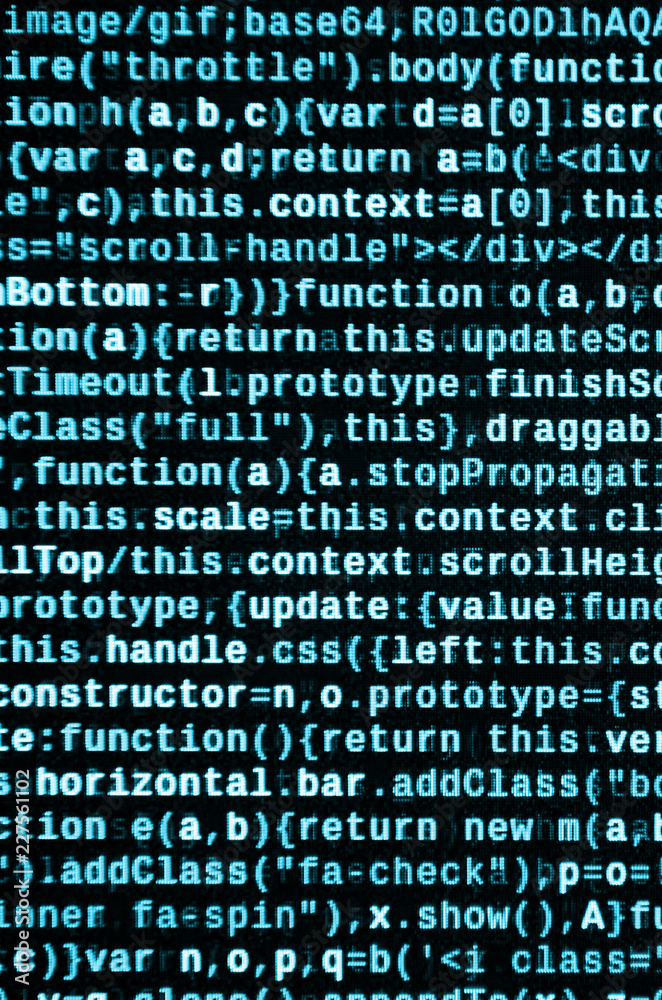 JavaScript code in text editor. Coding cyberspace concept. Screen of ...