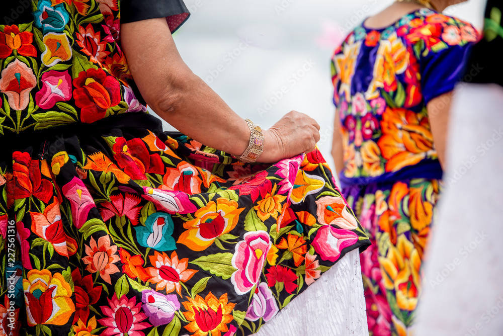 mujer mexicana con falda floreada bordado a mano bailando en la guelaguetza  con flores istmeñas baile flores oaxaca Stock Photo | Adobe Stock