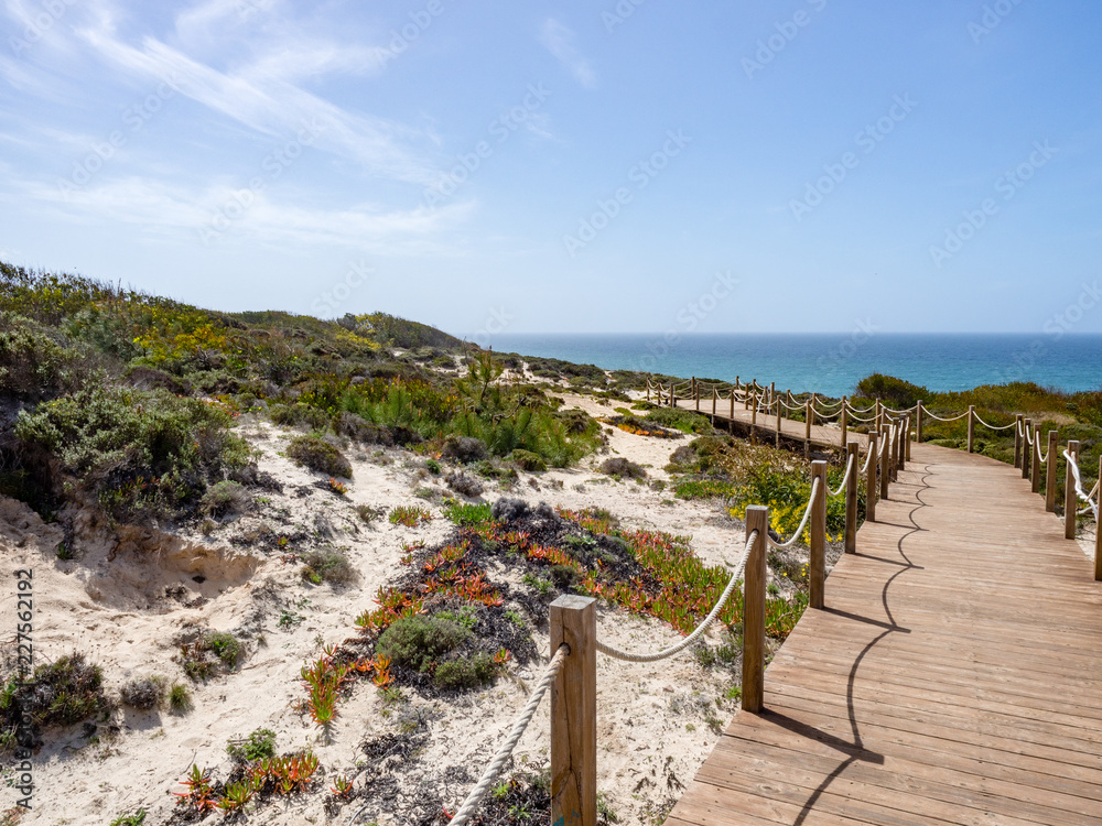Boardwalk leading to beach, Zambujeira do Mar, Odemira, Alentejo, Vicentine coast of Portugal