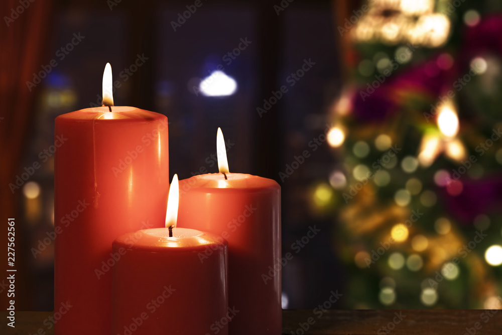 Red candles with blurred Christmas tree Red candles with blurred Christmas tree