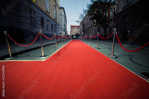 Long red carpet between rope barriers on entrance. photo