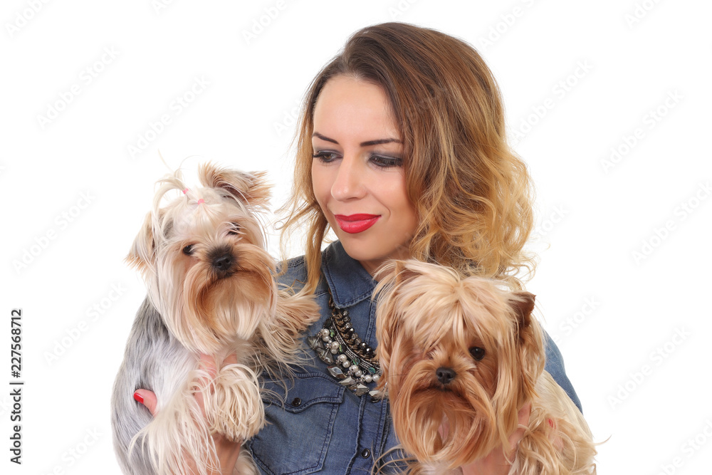 young positive woman with yorkshire terrier dog young positive woman with yorkshire terrier dog