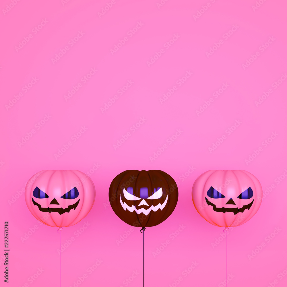 Smiling pink and black balloons pumpkin shape, Design creative concept for happy Halloween festival, 3D rendering illustration.