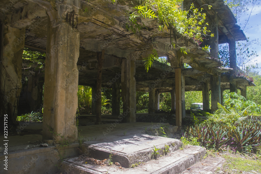 Japanese military headquarters, Peleliu Island and war ruins, the battle was fought between the U.S. and Japan during World War II. Japanese military headquarters, Peleliu Island and war ruins, the battle was fought between the U.S. and Japan during World War II.