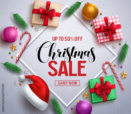 Christmas sale promotional banner with gifts and colorful christmas elements in a frame in white background. Vector illustration.
