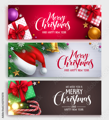 Christmas vector banner design set with colorful backgrounds, christmas elements and christmas greeting text in white space. Vector illustration.
