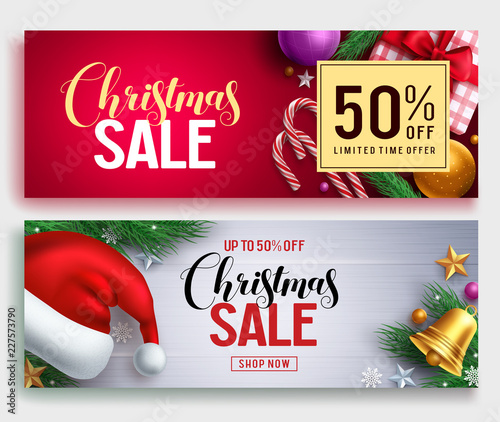 Christmas sale vector banner set with sale discount text and colorful christmas elements in red and white background. Vector illustration.
