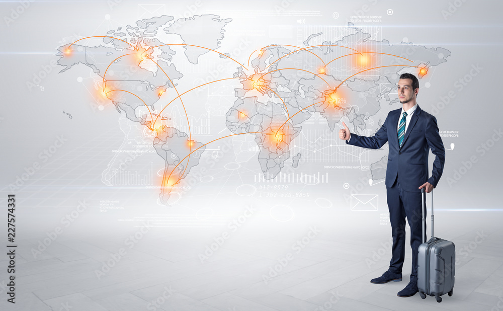 Businessman in dark suit hitchhike to business trip in a front of a map with destination Businessman in dark suit hitchhike to business trip in a front of a map with destination