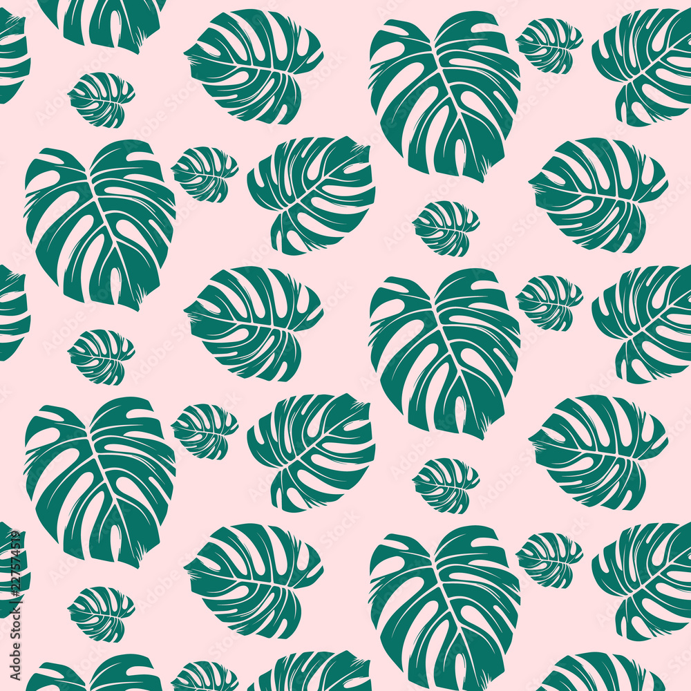 Beach seamless pattern wallpaper of tropical dark green leaves of monstera trees of paradise on a light pink background