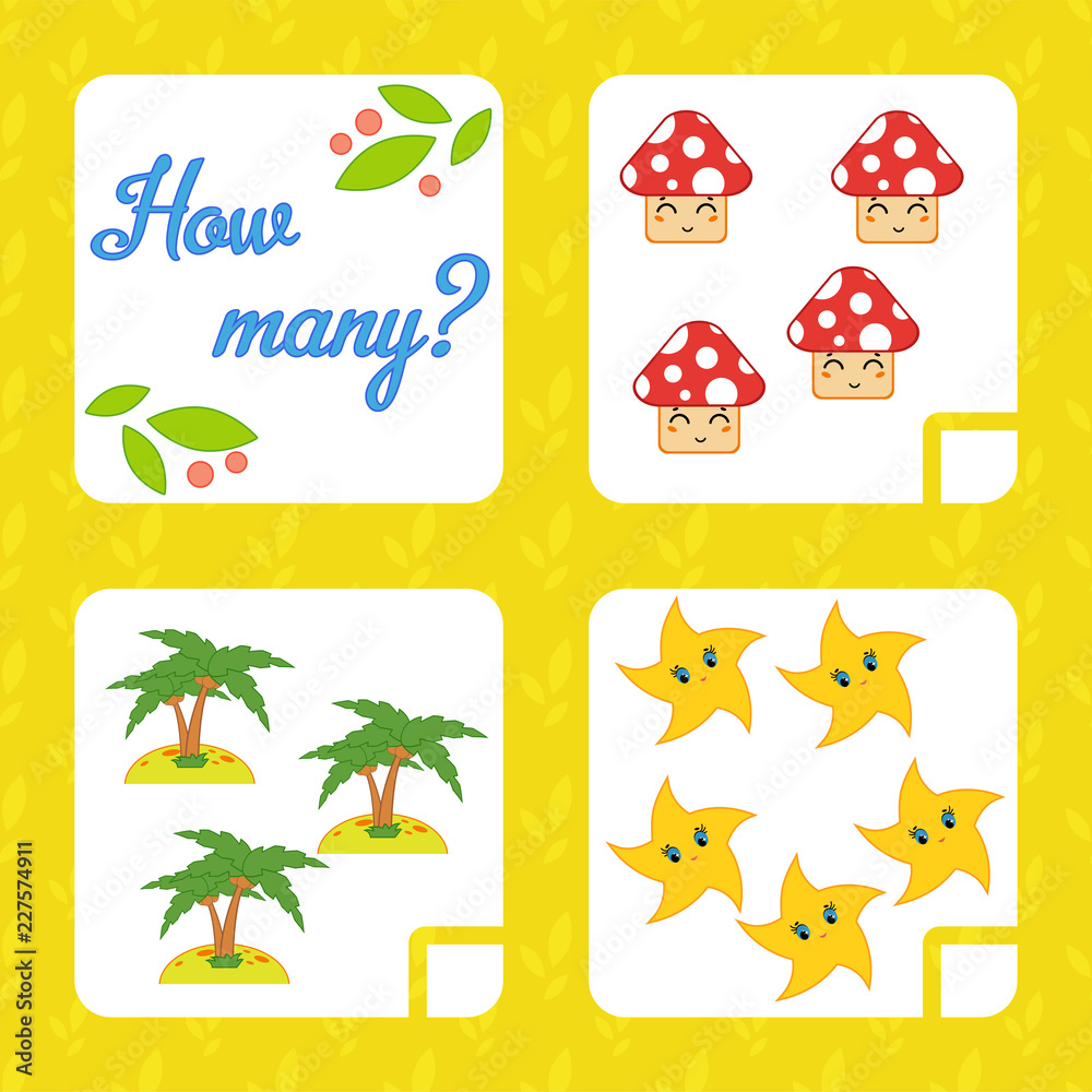 Counting game for preschool children for the development of mathematical abilities. Count the number of objects in the picture. With a place for answers. Simple flat isolated vector illustration.