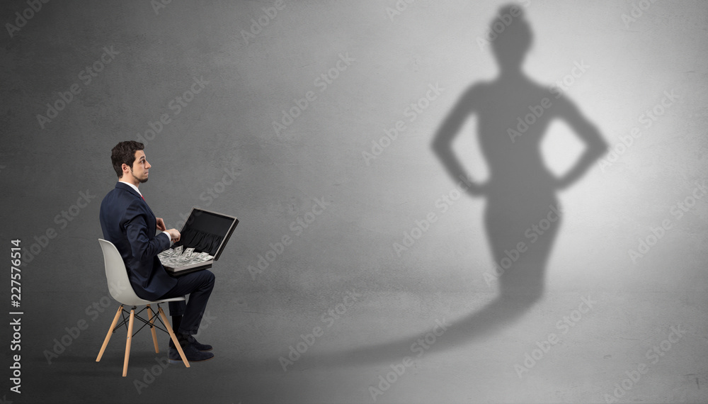 Rich businessman staying and offering stuffs to a pretty shadow woman
Rich businessman staying and offering stuffs to a pretty shadow woman