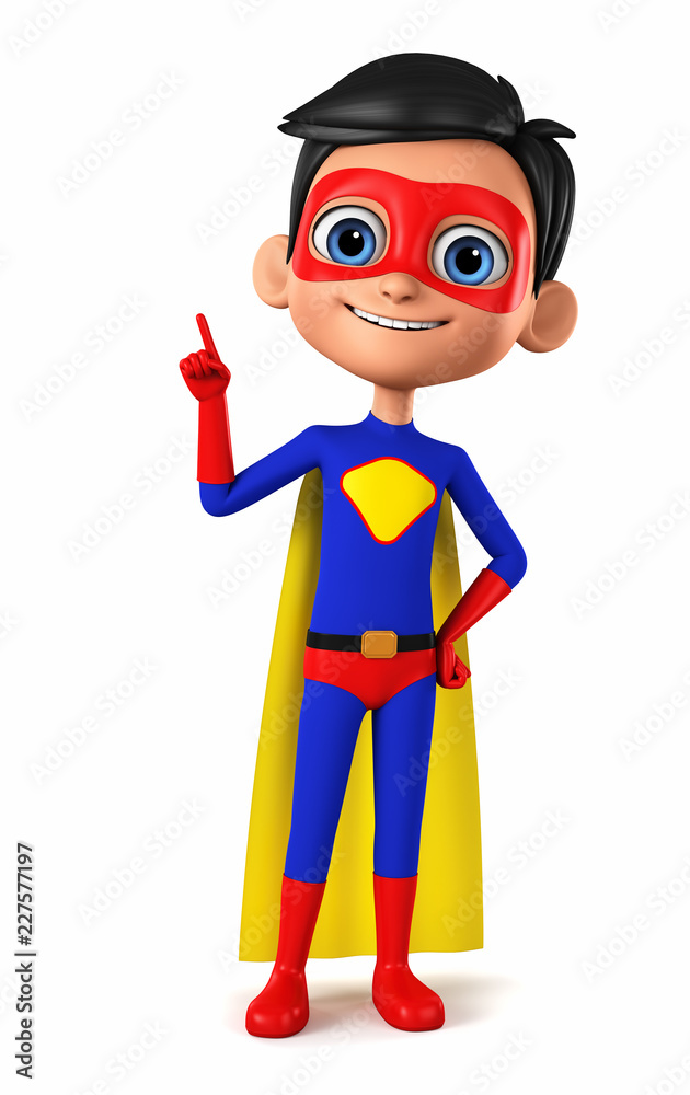 Cheerful boy in a superhero costume shows a finger on the empty space. 3d render illustration. Cheerful boy in a superhero costume shows a finger on the empty space. 3d render illustration.