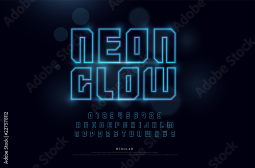 Technology neon font and numbers alphabet. techno effect logo designs. Typography digital concept. vector illustration