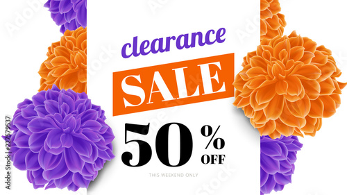 Fototapeta Naklejka Na Ścianę i Meble -  Botanical clearance sale banner template design, dahlia flowers, purple and orange tones