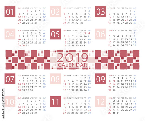 2019年和モダンなカレンダー　日本向け（祝日表記）