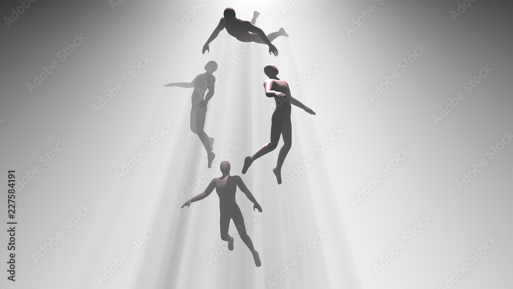 People floating, rising into light beams , heavens, space. Astral plane