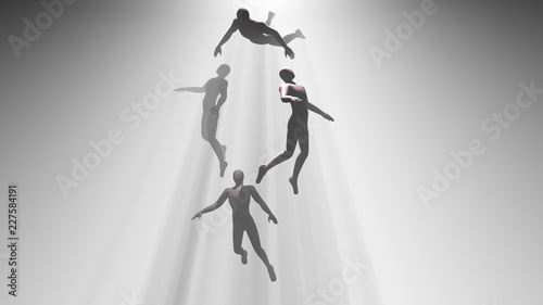People floating, rising into light beams , heavens, space. Astral plane.Silhouette, shadow figure. 3d rendering