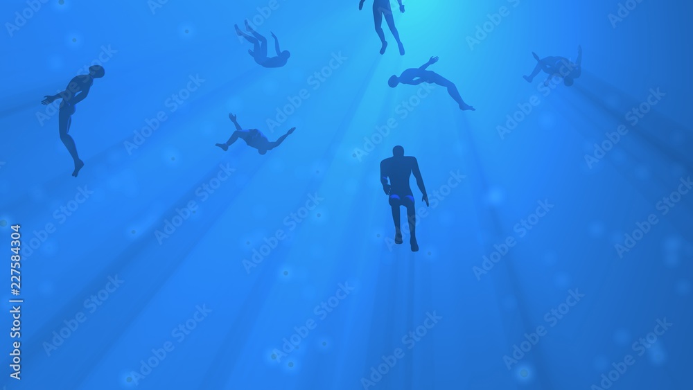 People floating in blue fog, water, mist. Astral plane. Silhouette. 3d rendering