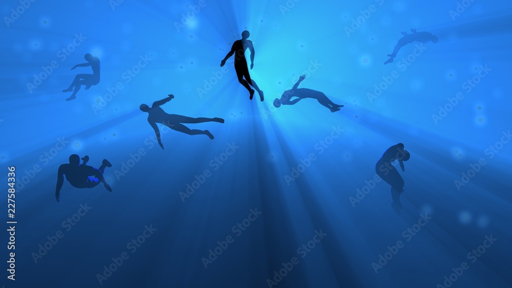 People floating in blue fog, water, mist. Astral plane. Silhouette. 3d rendering - obrazy, fototapety, plakaty 