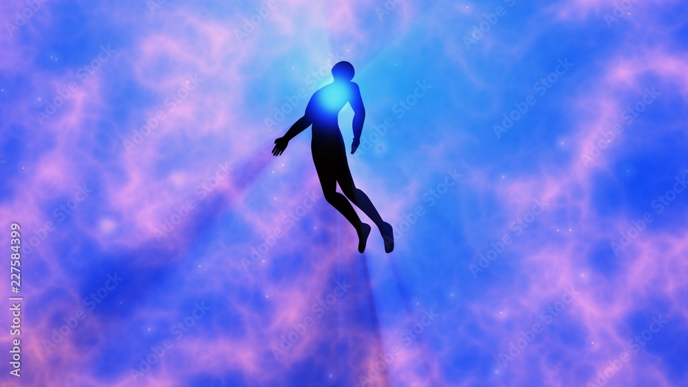 Man floating, rising into space , heavens. Astral plane. Silhouette. 3d rendering