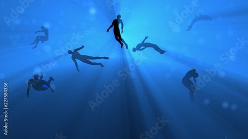 People floating in blue fog, water, mist. Astral plane. Silhouette. 3d rendering