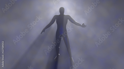 Man floating in fog, mist.Silhouette, shadow figure. 3d rendering photo