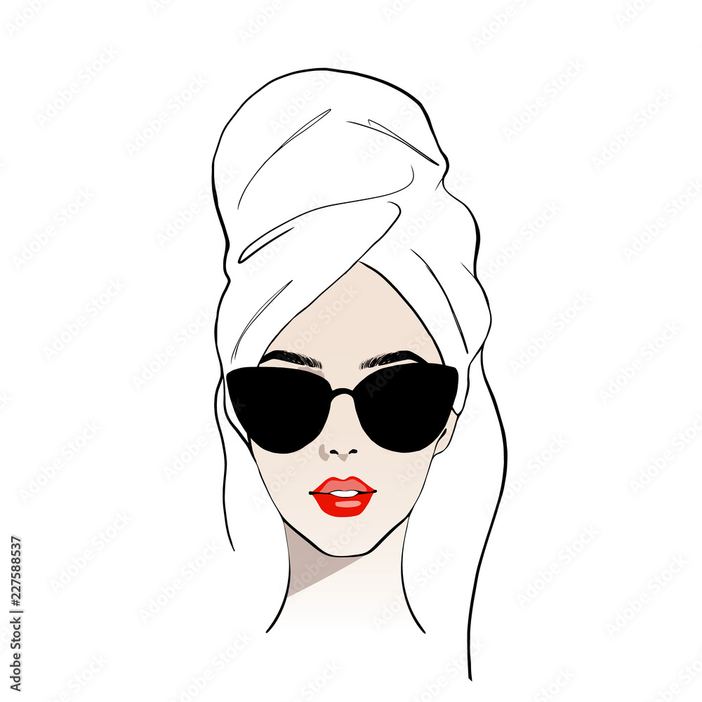 Beauty spa face with red lips and with sunglasses, pretty woman in towel and in bathrobe. Portrait girl shining purity. Fashion, style, beauty. Graphic, sketch drawing. Stock Vector illustration Beauty spa face with red lips and with sunglasses, pretty woman in towel and in bathrobe. Portrait girl shining purity. Fashion, style, beauty. Graphic, sketch drawing. Stock Vector illustration