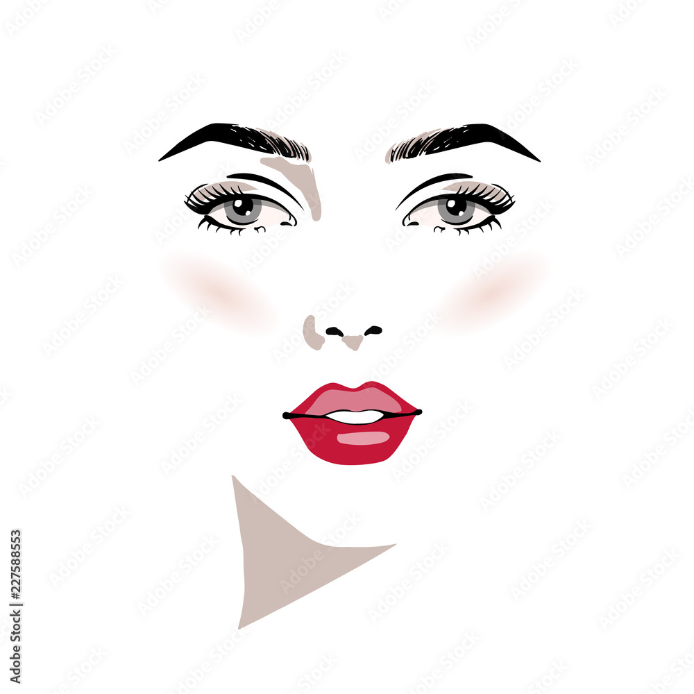 Beautiful woman face with make-up hand drawn vector illustration. Stylish original graphics portrait with beautiful young attractive girl model. Fashion, style, beauty. Graphic, sketch drawing.