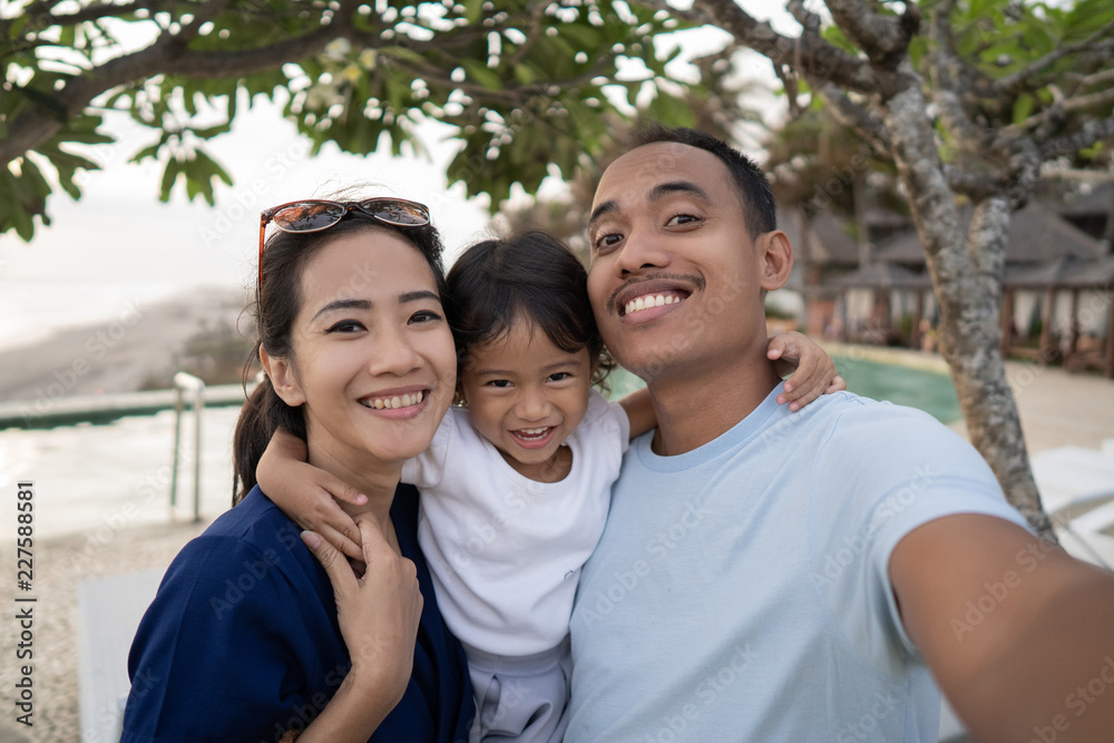 Portrait of happy family selfie side swimming pool Portrait of happy family selfie side swimming pool