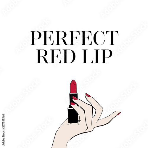 Female hand with red lipstick. Hand drawn lipstick. Perfect red lips Inspirational vector typography. Hand drawn holiday lettering. Ink illustration. Modern brush calligraphy. But first makeup