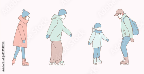 People skate at ice rink in park in the winter. hand drawn style vector doodle design illustrations on white background