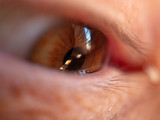 Eye macro shot, green human eye closeup, macro shot, eyelashes, pupil. 35 year old woman