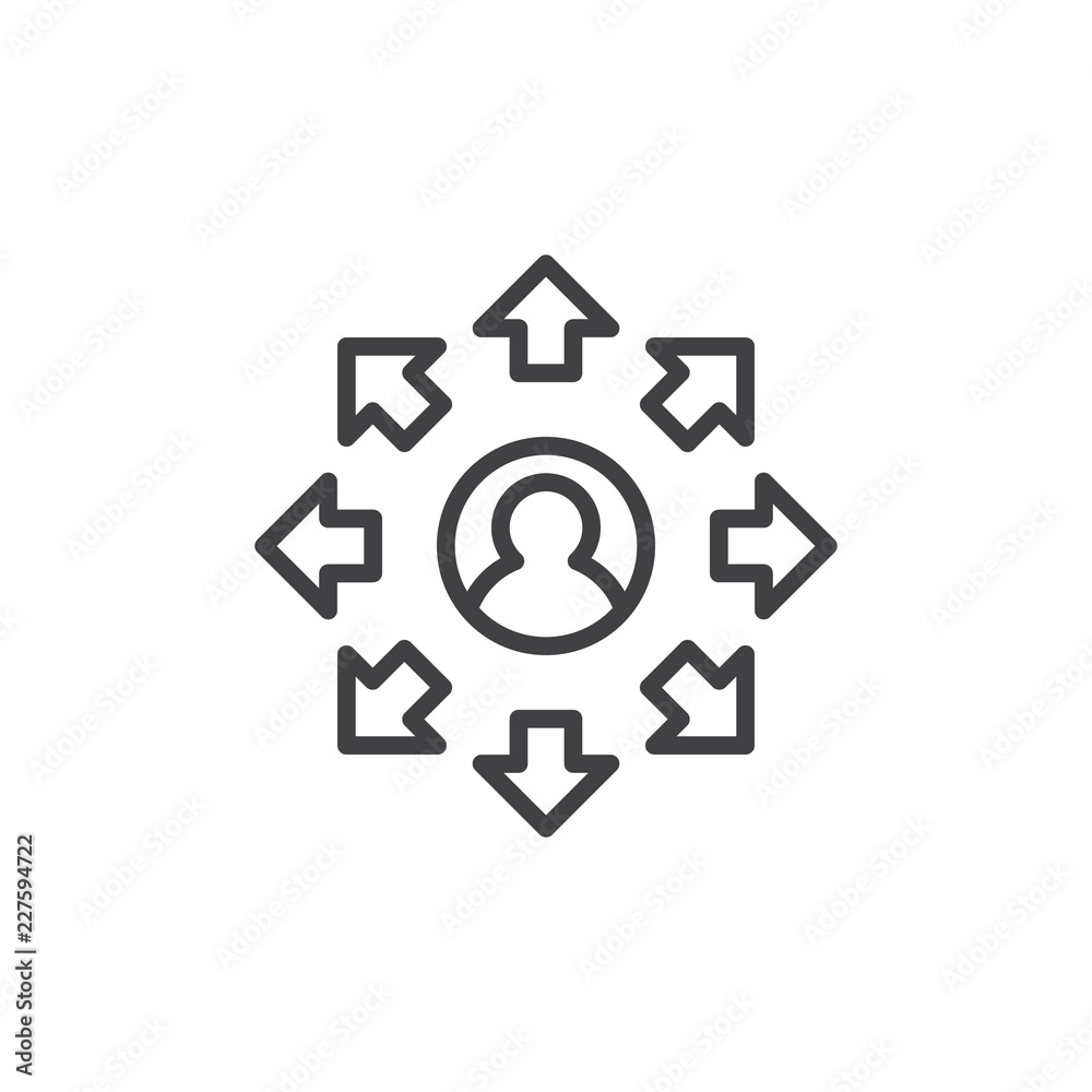 Man with many arrows around outline icon. linear style sign for mobile concept and web design. The choice of the way simple line vector icon. Symbol, logo illustration. Pixel perfect vector graphics Man with many arrows around outline icon. linear style sign for mobile concept and web design. The choice of the way simple line vector icon. Symbol, logo illustration. Pixel perfect vector graphics
