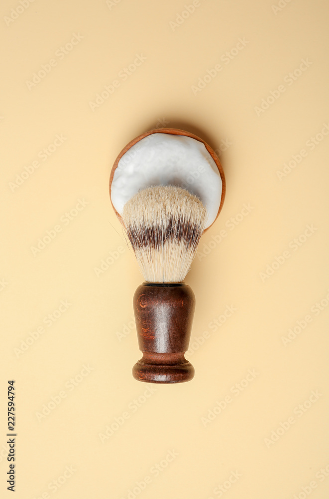 Fototapeta premium Flat lay composition with shaving accessories for men on color background