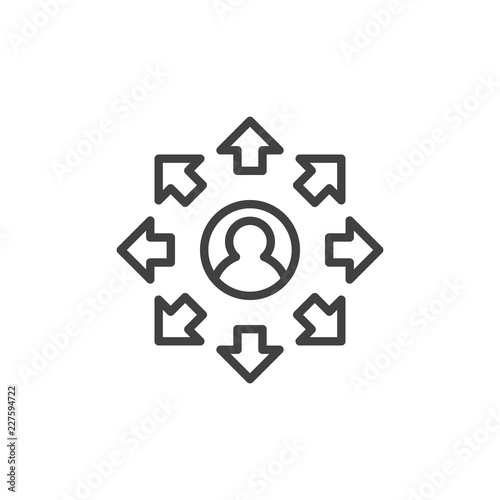 Man with many arrows around outline icon. linear style sign for mobile concept and web design. The choice of the way simple line vector icon. Symbol, logo illustration. Pixel perfect vector graphics