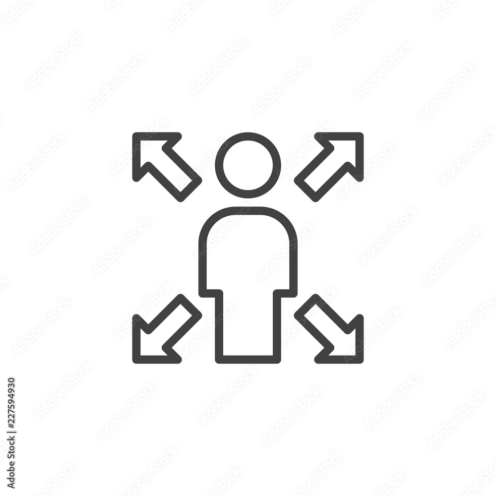 Man with arrows in four directions outline icon. linear style sign for mobile concept and web design. Employee choice simple line vector icon. Symbol, logo illustration. Pixel perfect vector graphics Man with arrows in four directions outline icon. linear style sign for mobile concept and web design. Employee choice simple line vector icon. Symbol, logo illustration. Pixel perfect vector graphics