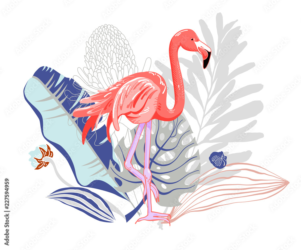 Obraz premium hand drawing pink flamingo with bouquet of tropical leaves and f