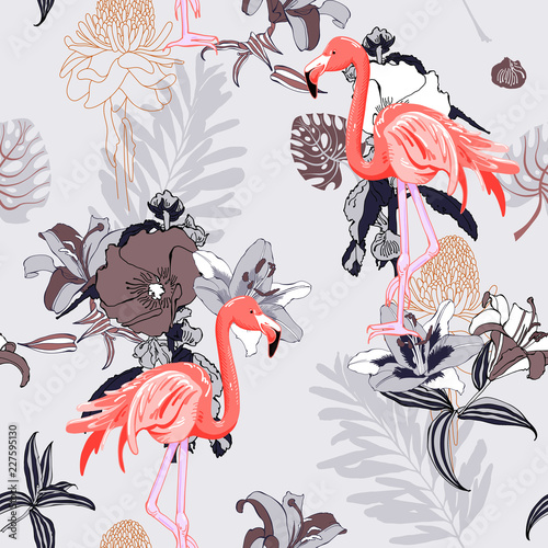 hand drawing seamless pattern with pink flamingo and tropical le